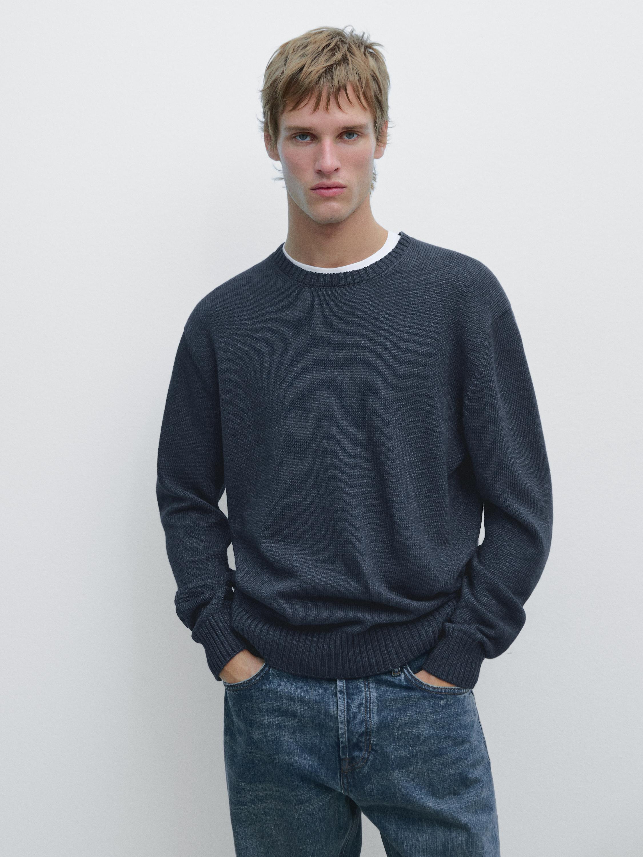Denim-effect crew neck knit sweater